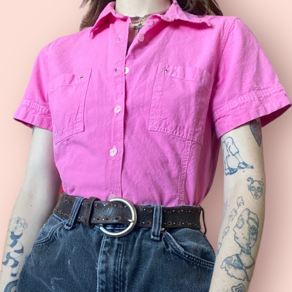 Vintage pink button down blazer style short sleeved top
